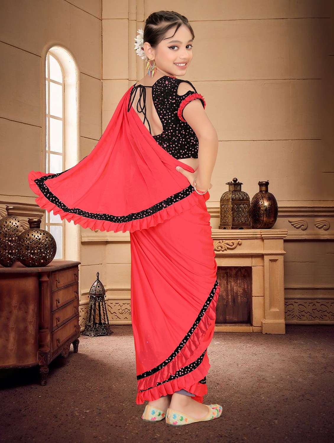 girls embellished ready to wear ruffle saree - 22060593 -  Standard Image - 1