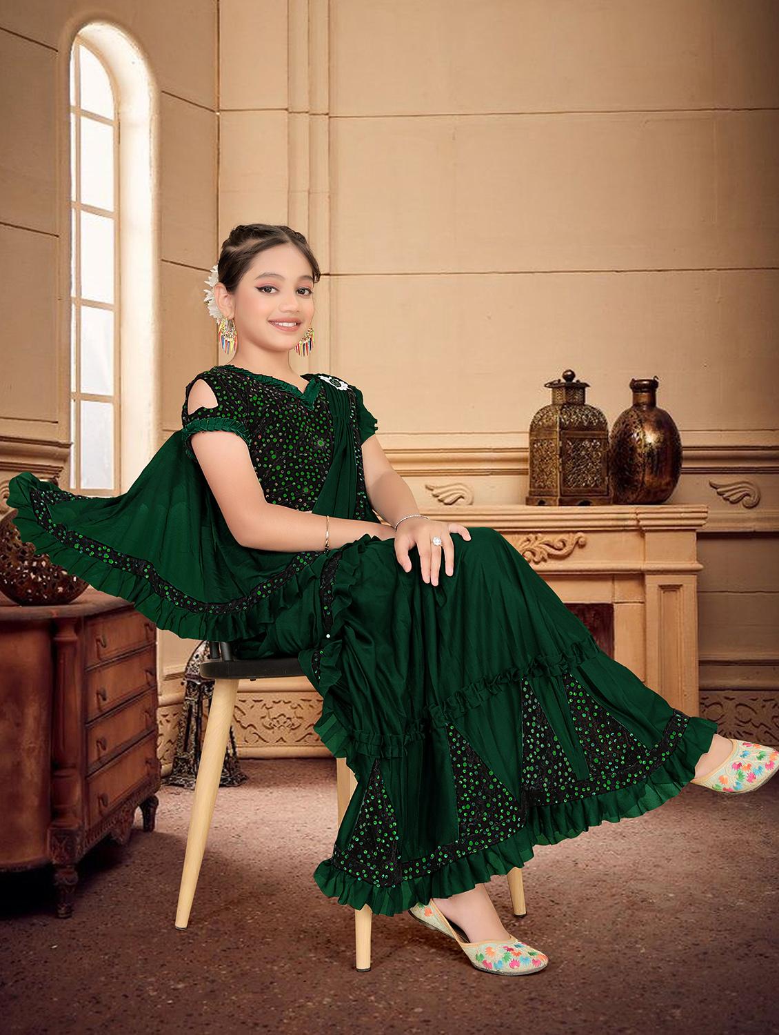girls embellished ready to wear ruffle saree - 22060594 - Standard Image - 1