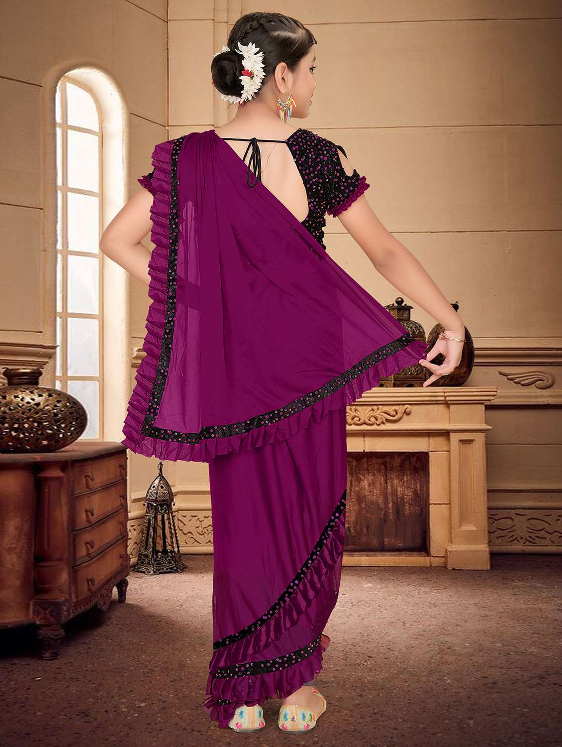 girls embellished ready to wear ruffle saree - 22060595 -  Standard Image - 1