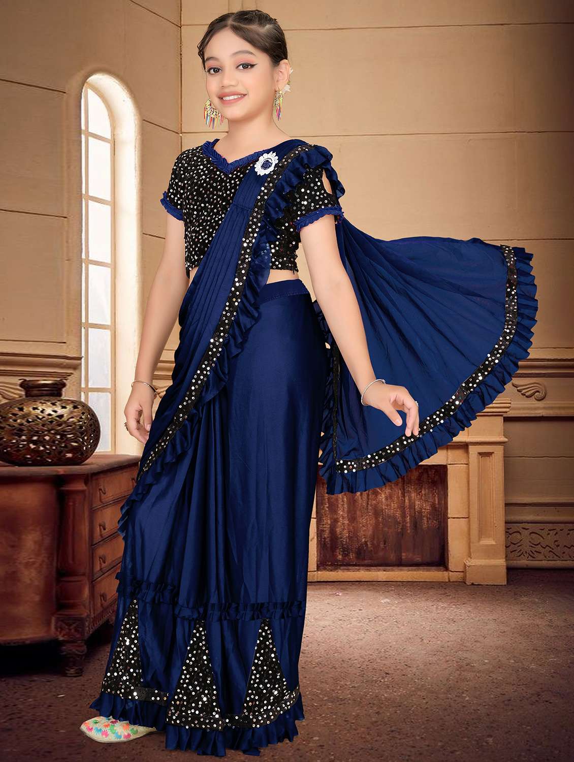 girls embellished ready to wear ruffle saree - 22060597 -  Zoom Image - 0