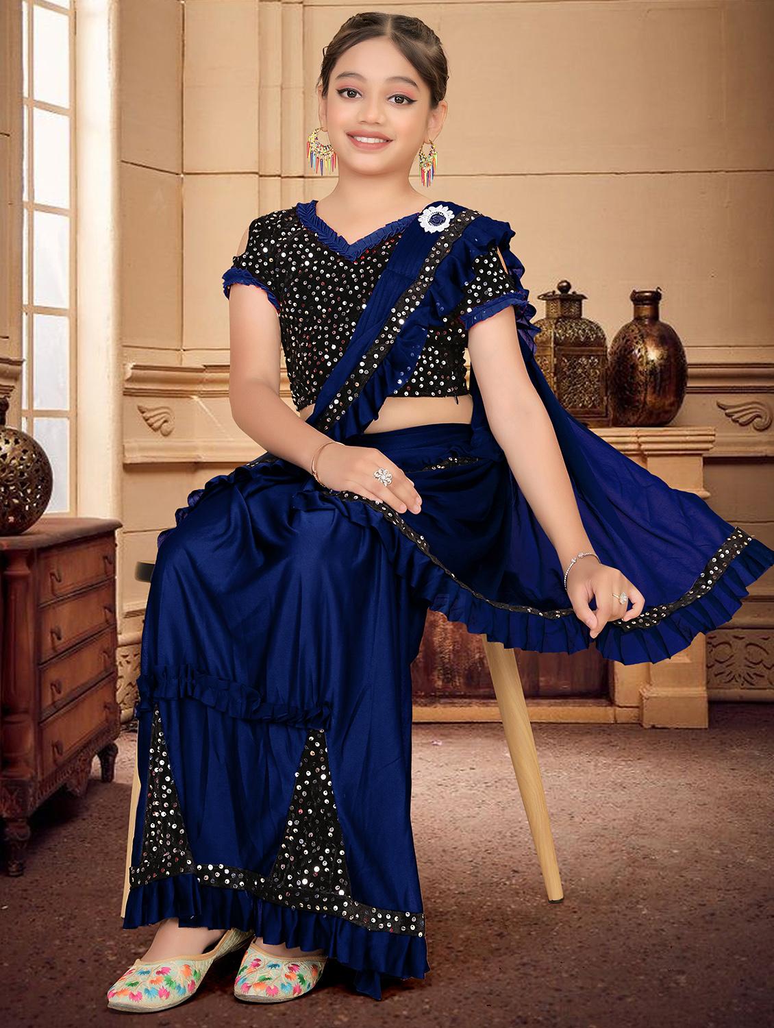 girls embellished ready to wear ruffle saree - 22060597 - Standard Image - 1