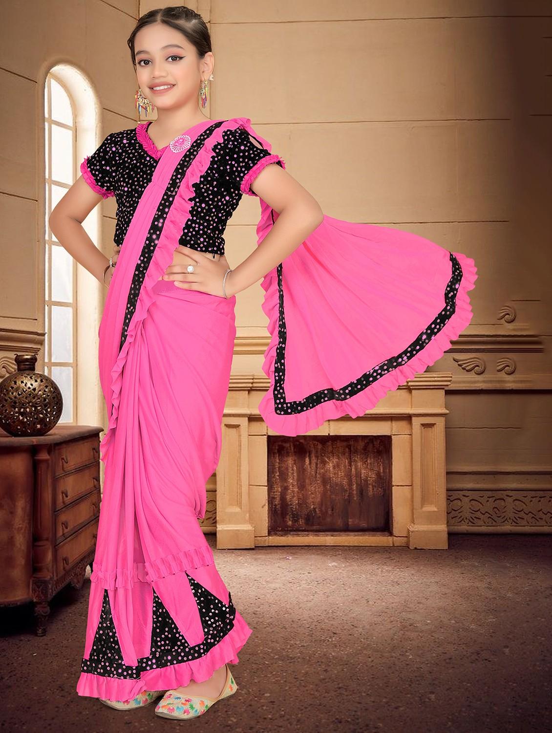 girls embellished ready to wear ruffle saree