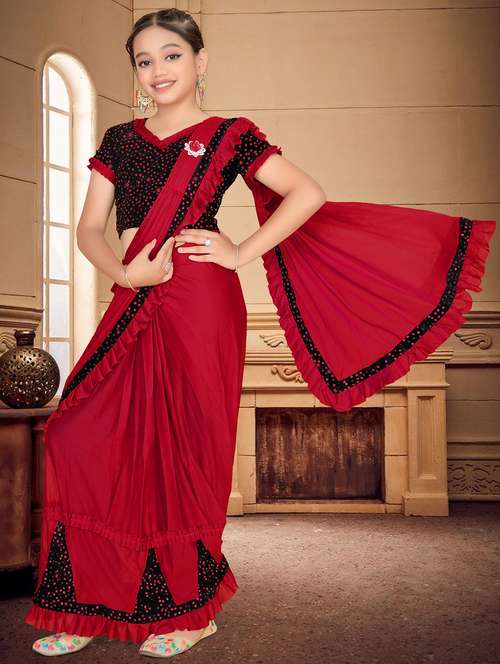 girls embellished ready to wear ruffle saree - 22060599 -  Standard Image - 0