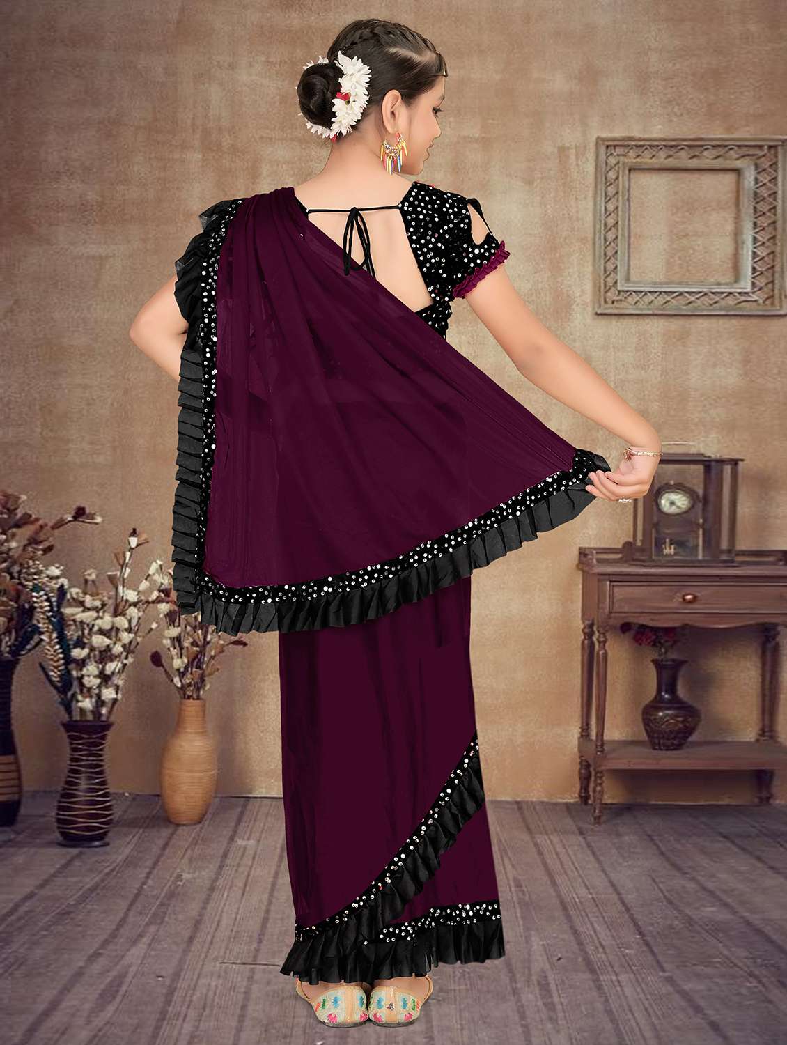 girls embellished ready to wear ruffle saree - 22060606 -  Standard Image - 1