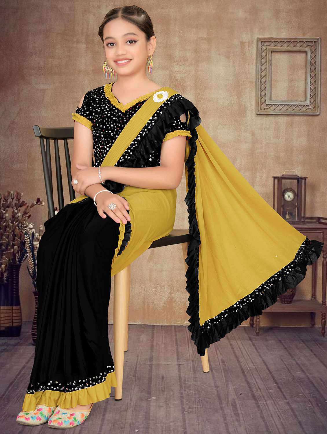 girls embellished ready to wear ruffle saree - 22060607 -  Standard Image - 1