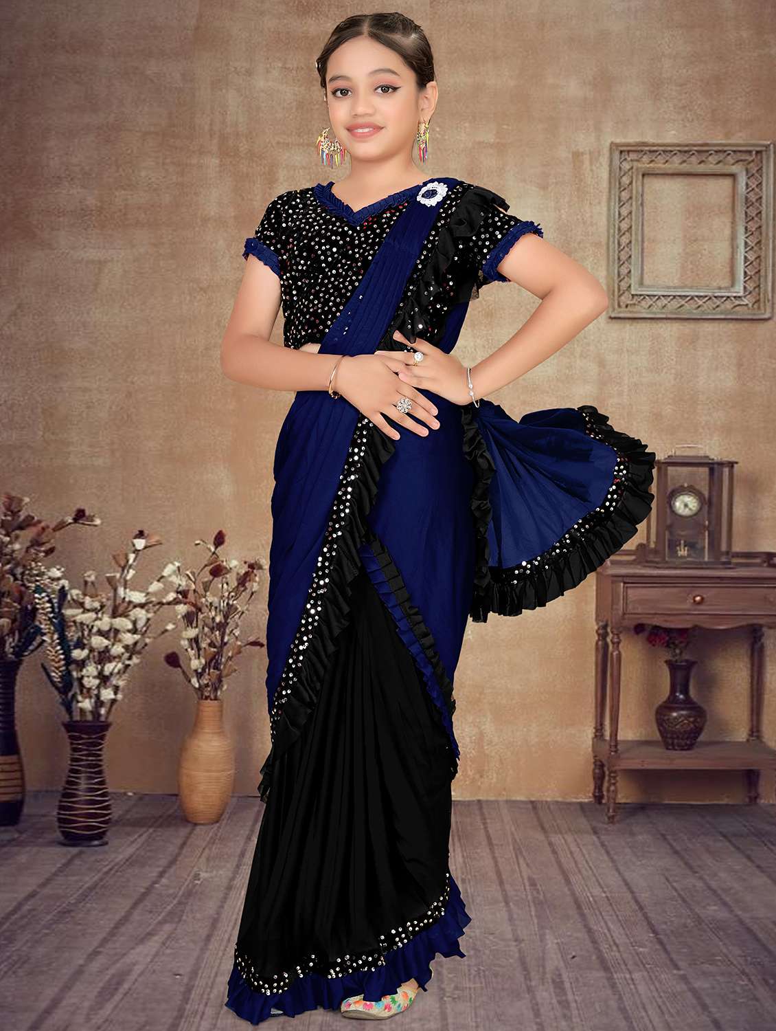 girls embellished ready to wear ruffle saree - 22060608 - Zoom Image - 0