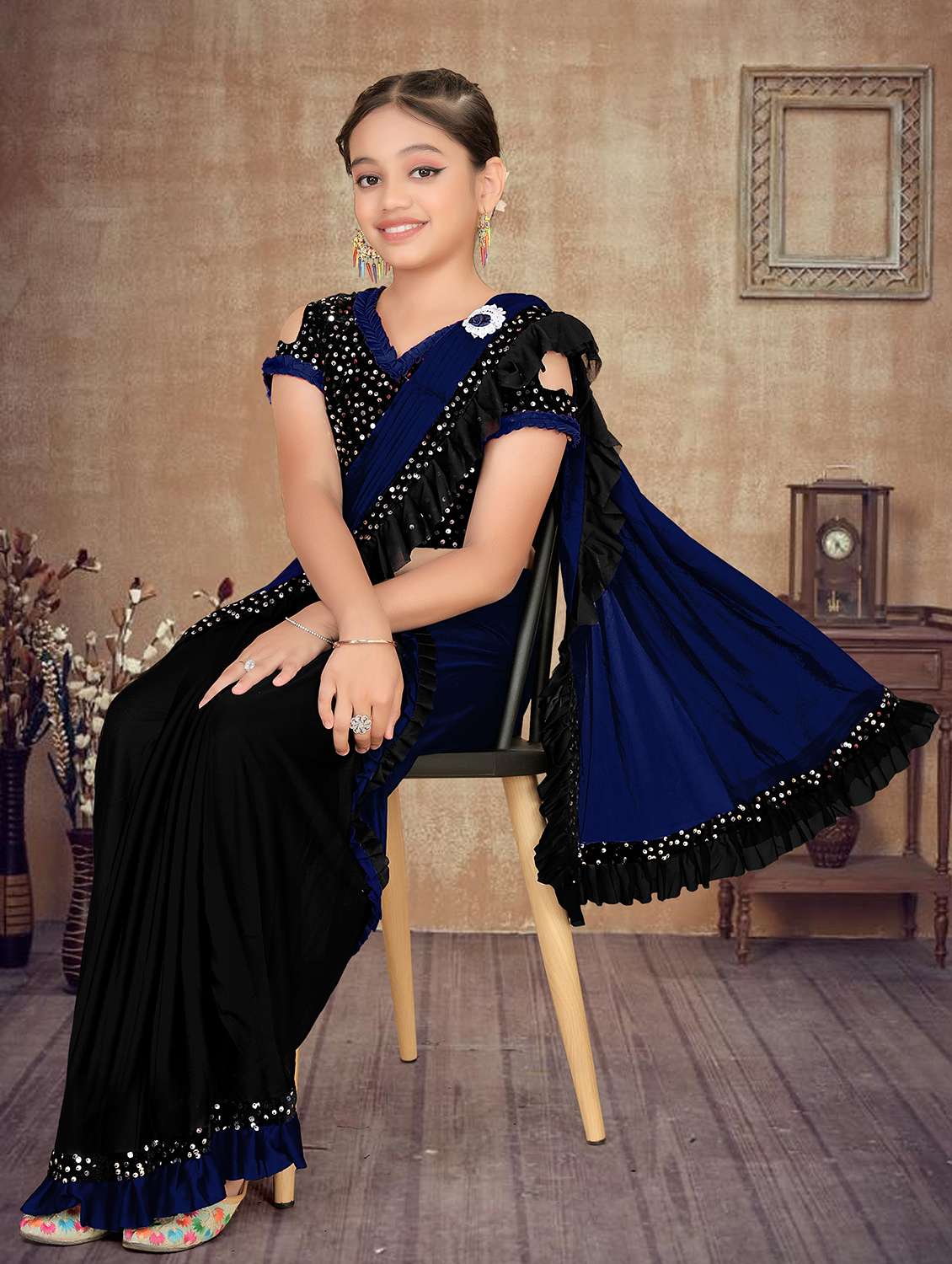 girls embellished ready to wear ruffle saree - 22060608 - Standard Image - 1