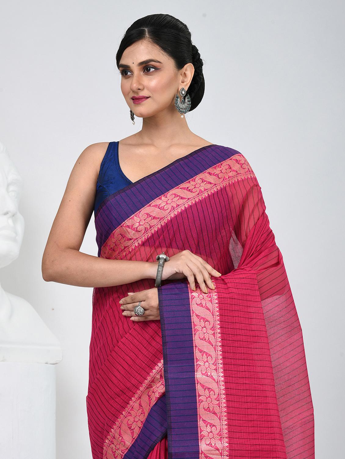 women striped tant saree - 22060665 - Standard Image - 4