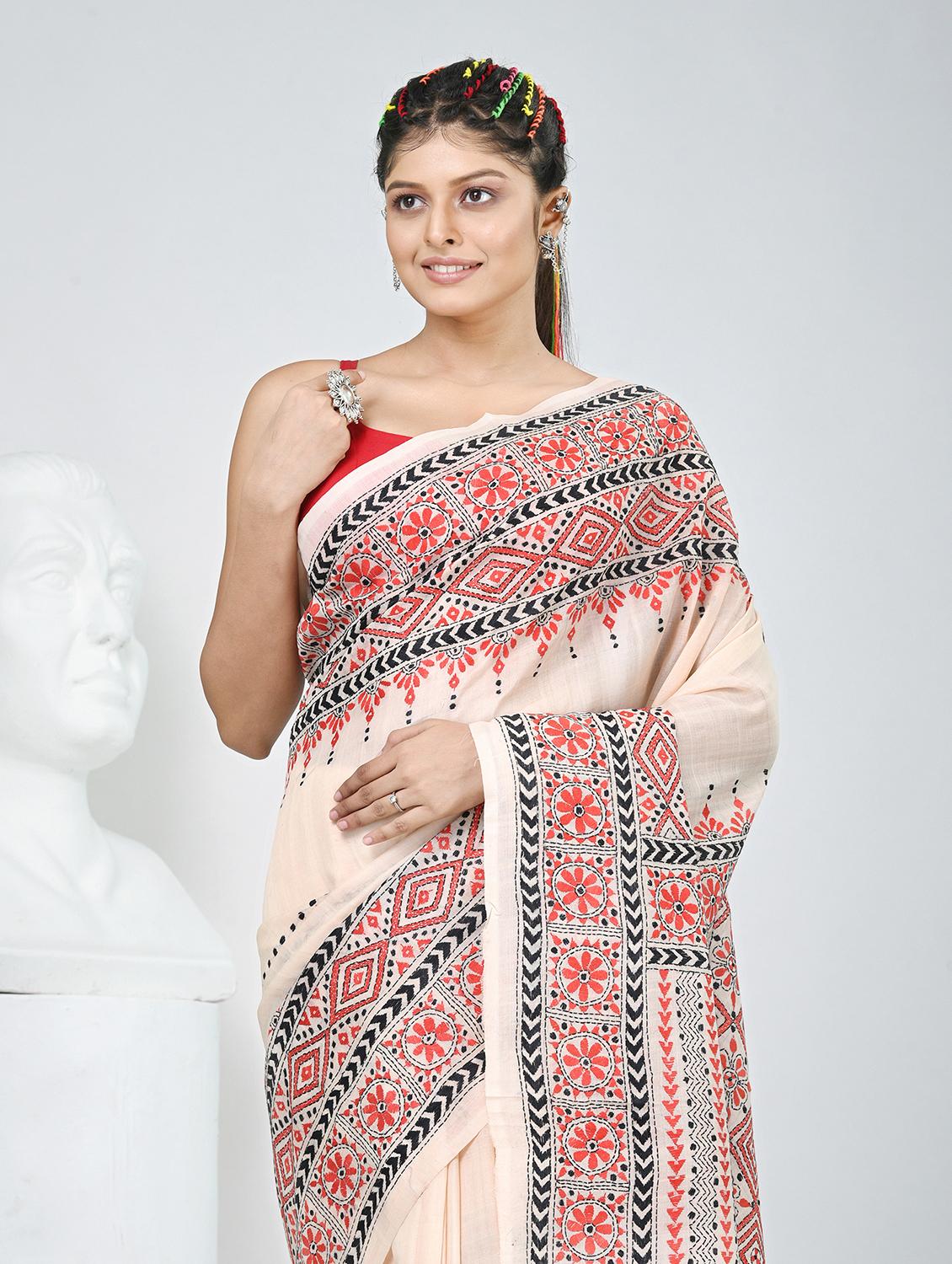 women solid with work handloom saree with blouse - 22060722 - Standard Image - 1