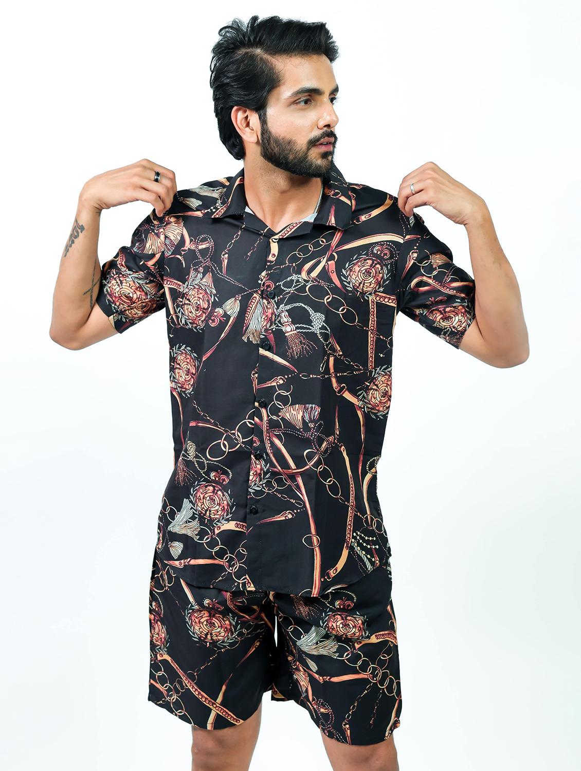 men printed shirt and shorts loungewear set - 22060894 - Standard Image - 1