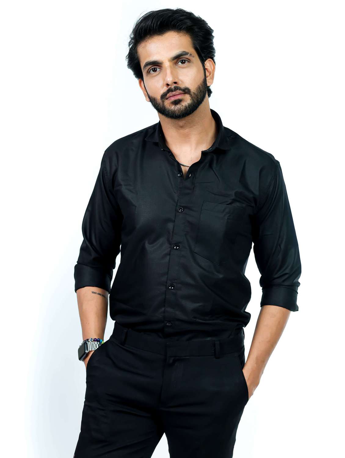 men solid collared long sleeve regular fit shirt - 22061057 - Standard Image - 1