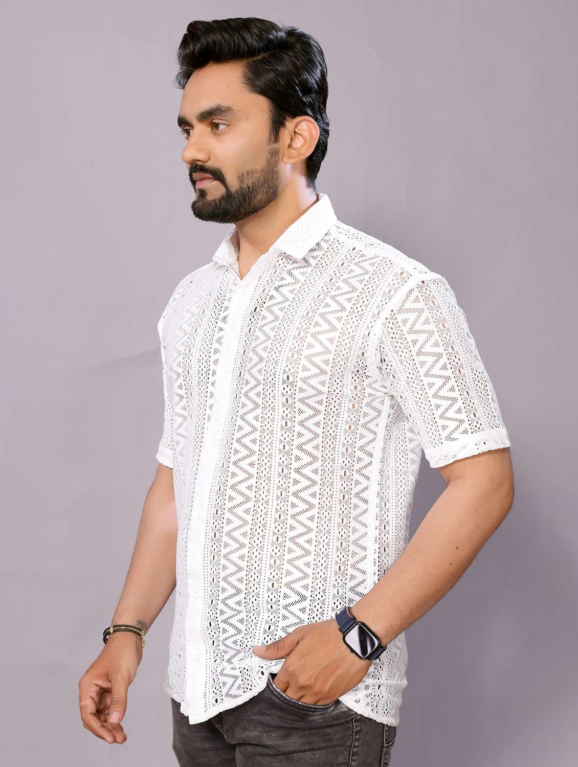 men self designed collared short sleeve regular fit shirt - 22061090 -  Standard Image - 1