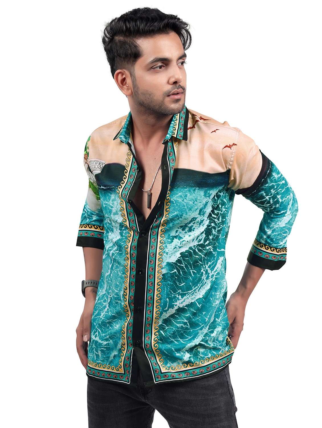 men printed collared long sleeve regular fit shirt - 22061176 - Standard Image - 1
