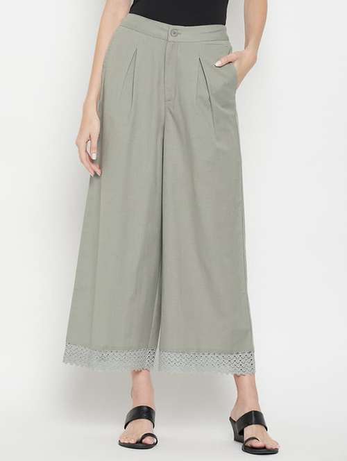 women solid mid rise flared pleated palazzo - 22061342 - Standard Image - 0