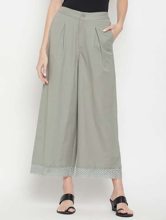 women solid mid rise flared pleated palazzo - 22061342 - Zoom Image - 0
