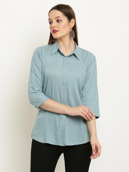 women solid collared three quarter sleeve shirt - 22061348 - Standard Image - 0