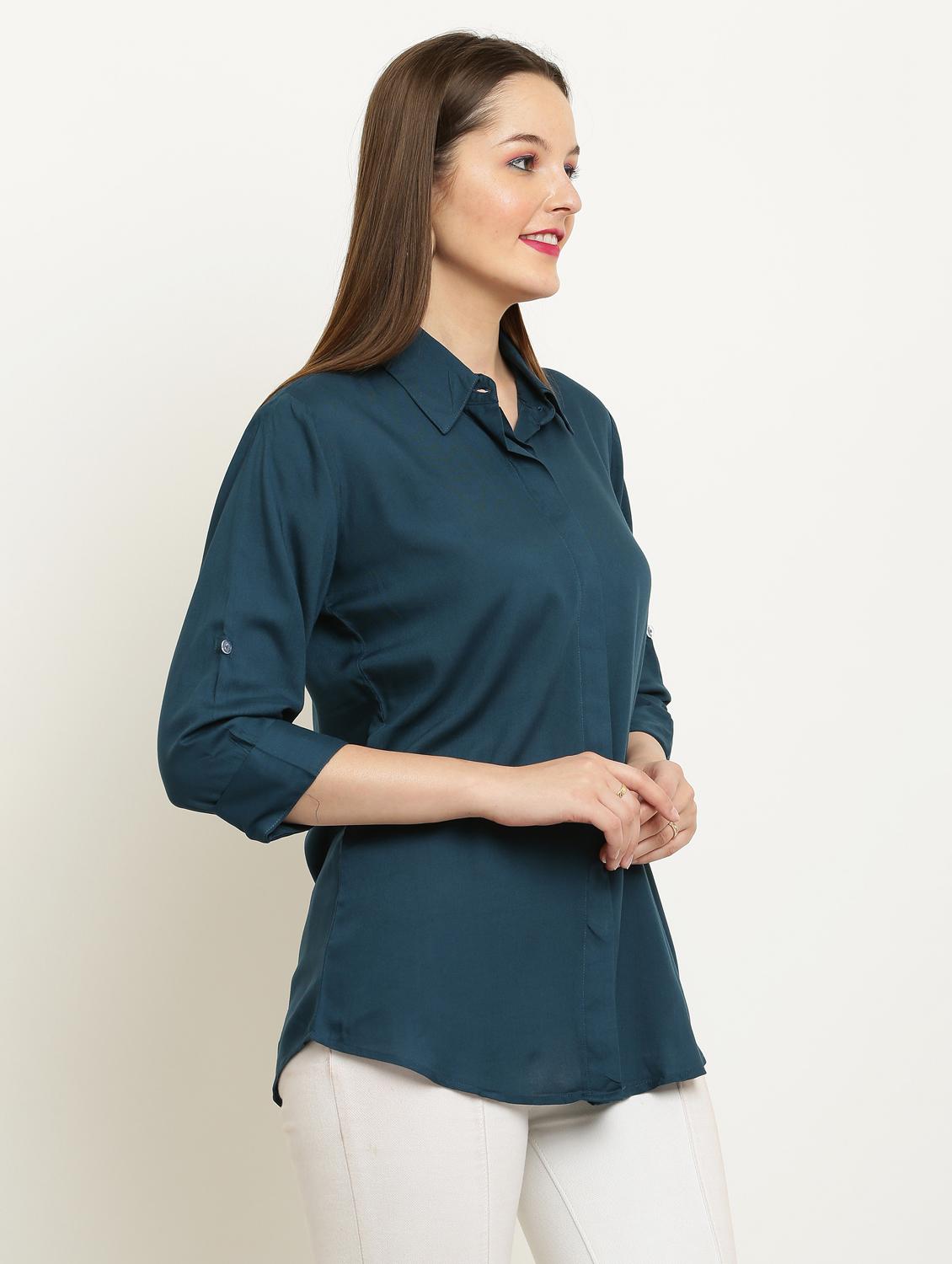 women solid collared three quarter sleeve shirt - 22061349 - Standard Image - 1