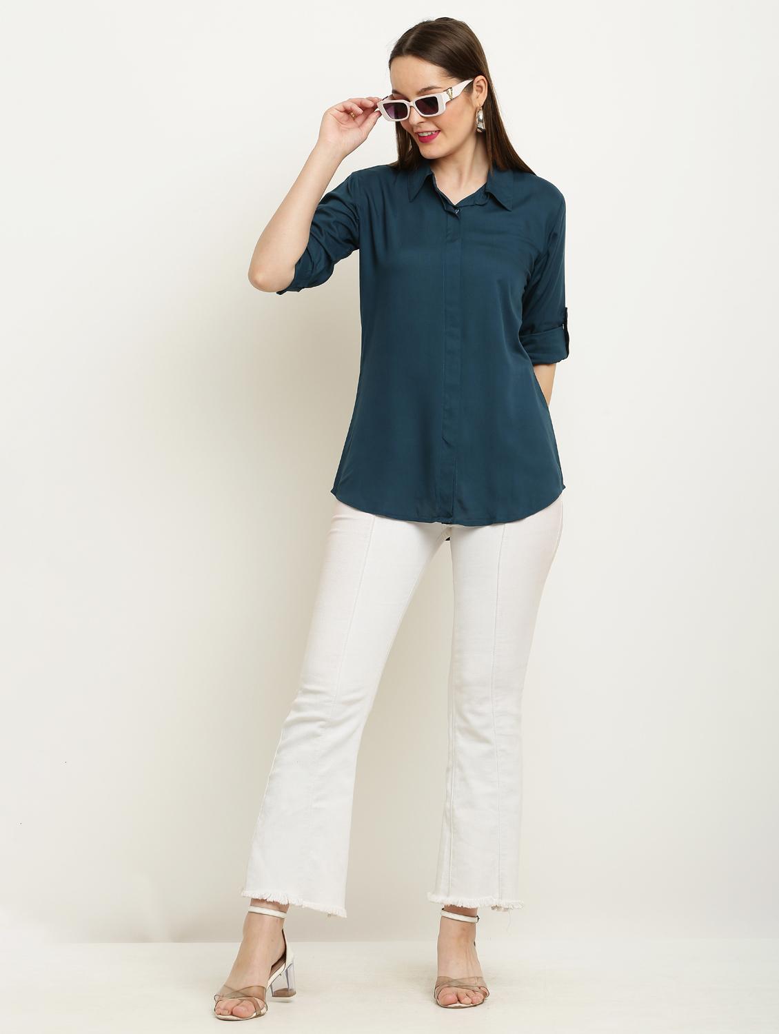 women solid collared three quarter sleeve shirt - 22061349 - Standard Image - 4