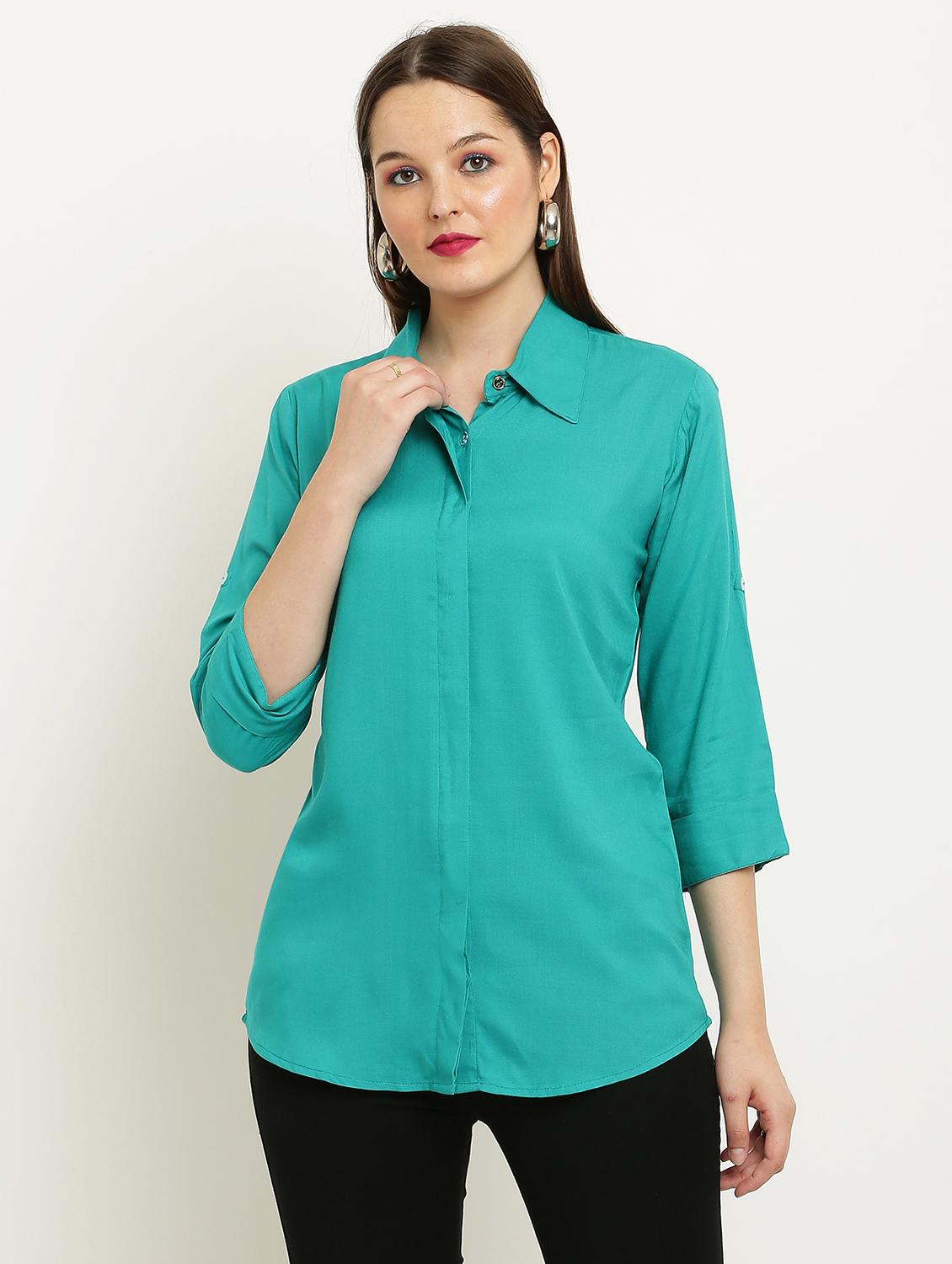 women solid collared three quarter sleeve shirt - 22061350 - Zoom Image - 0