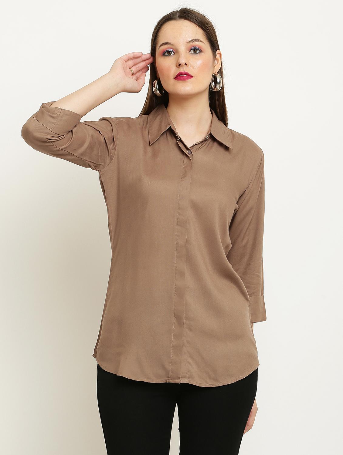 women solid collared three quarter sleeve shirt - 22061351 - Zoom Image - 0