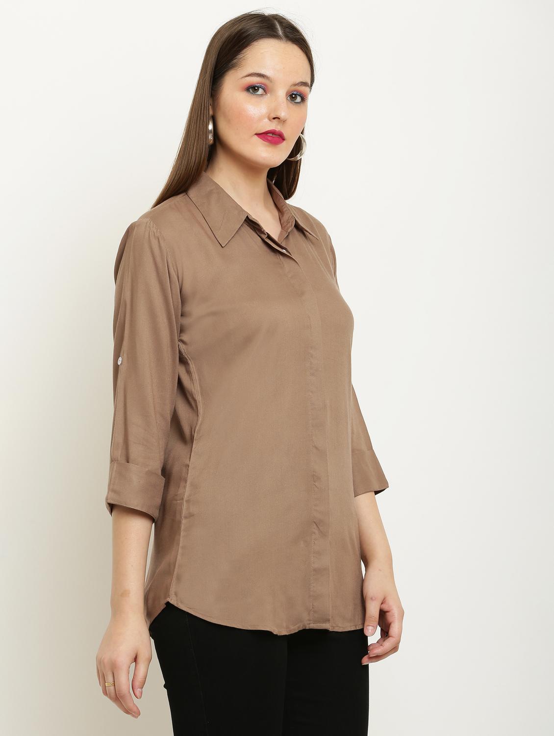 women solid collared three quarter sleeve shirt - 22061351 - Standard Image - 1