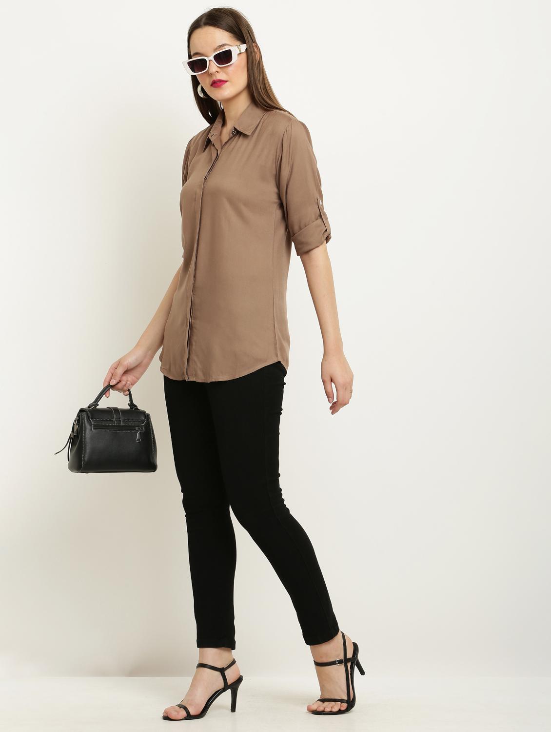women solid collared three quarter sleeve shirt - 22061351 - Standard Image - 4