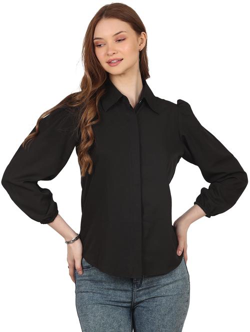 women solid collared puff sleeve shirt - 22061355 - Standard Image - 0