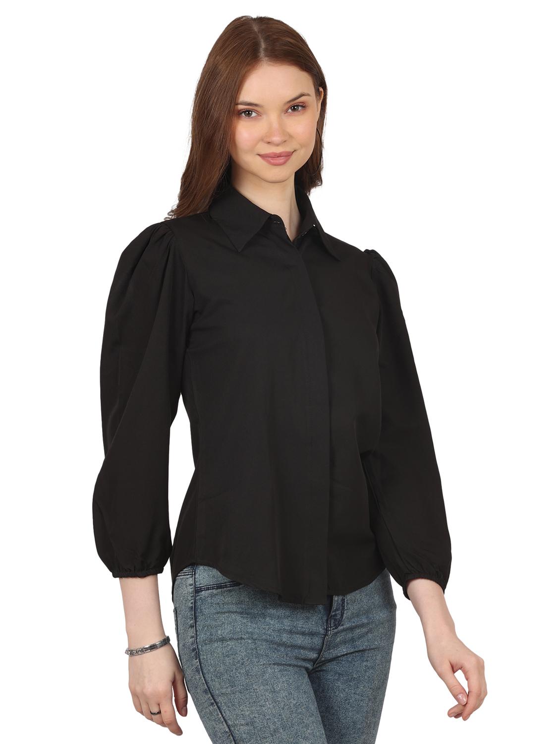women solid collared puff sleeve shirt - 22061355 - Standard Image - 1