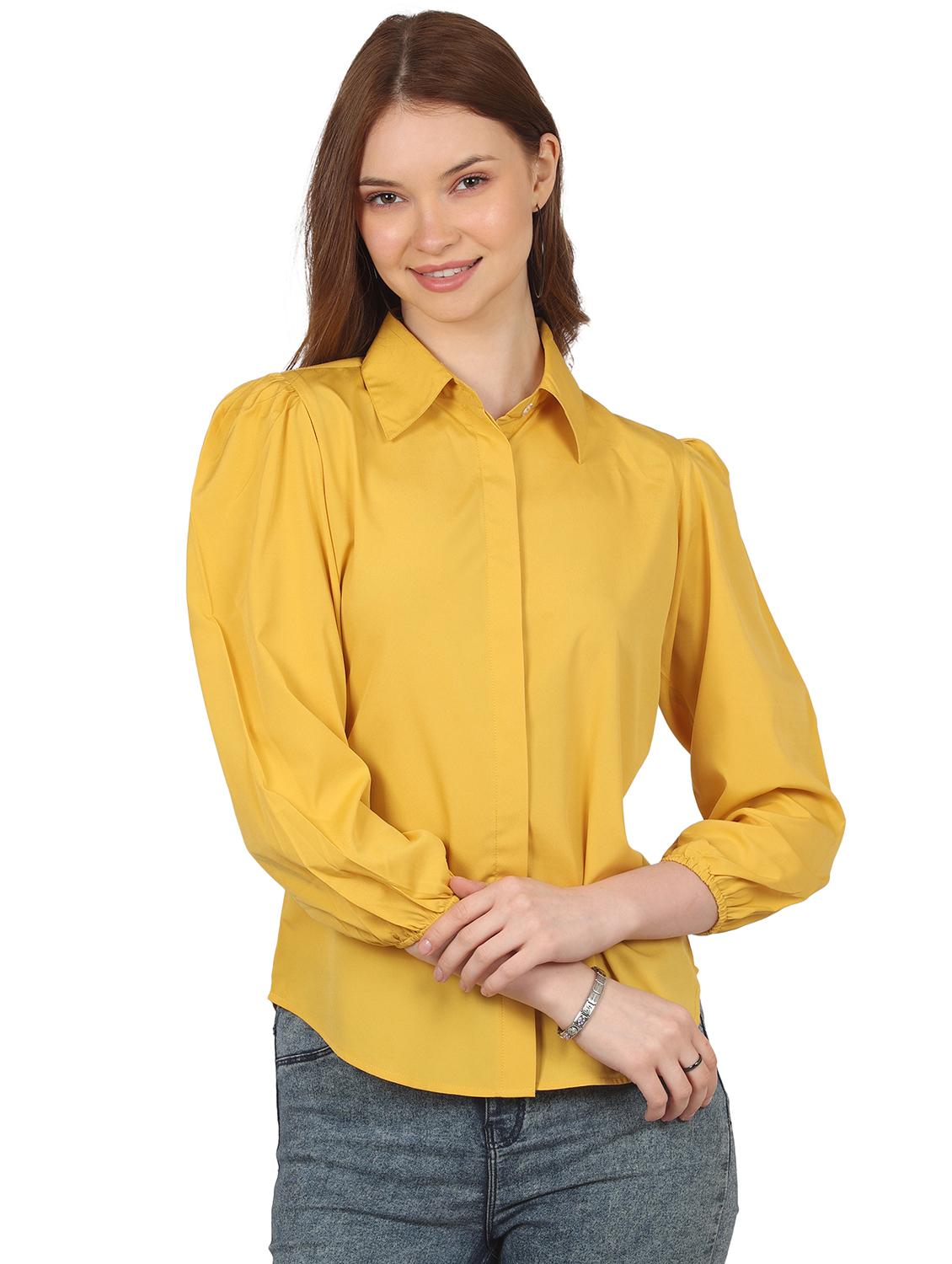 women solid collared puff sleeve shirt - 22061356 - Zoom Image - 0