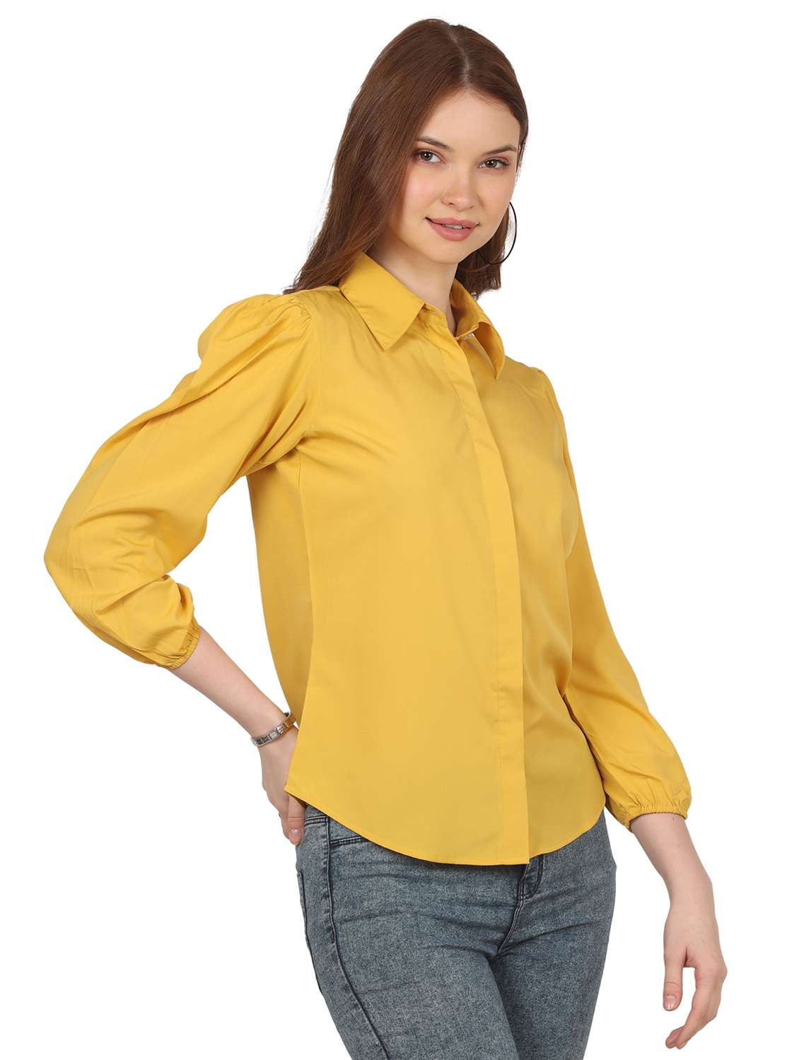 women solid collared puff sleeve shirt - 22061356 - Standard Image - 1