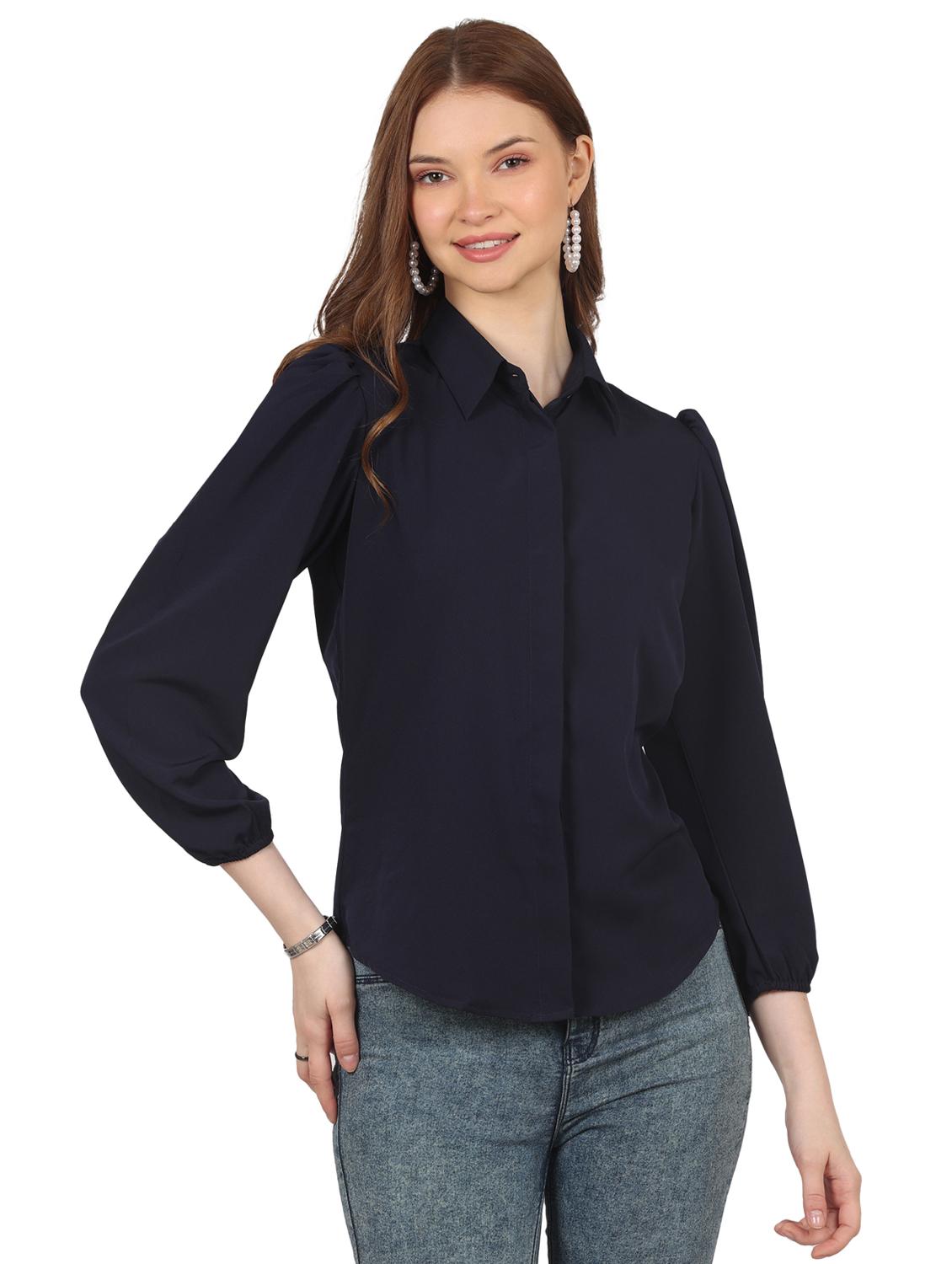 women solid collared puff sleeve shirt - 22061357 -  Standard Image - 1