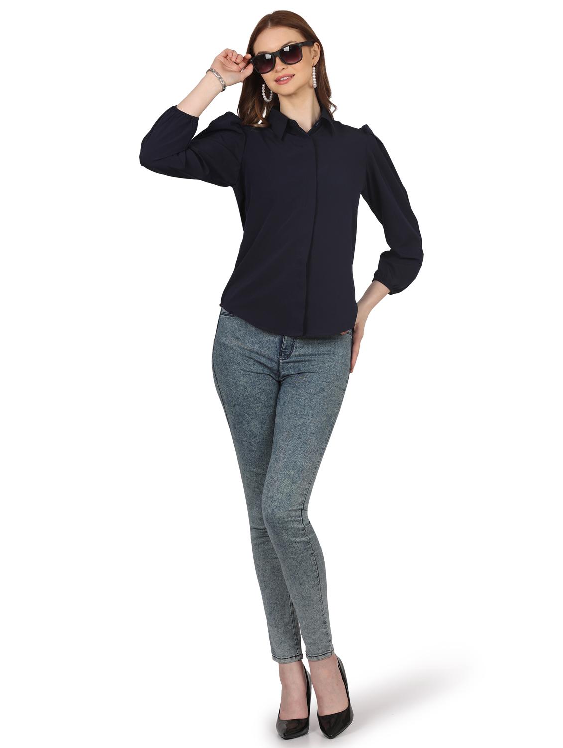 women solid collared puff sleeve shirt - 22061357 - Standard Image - 4