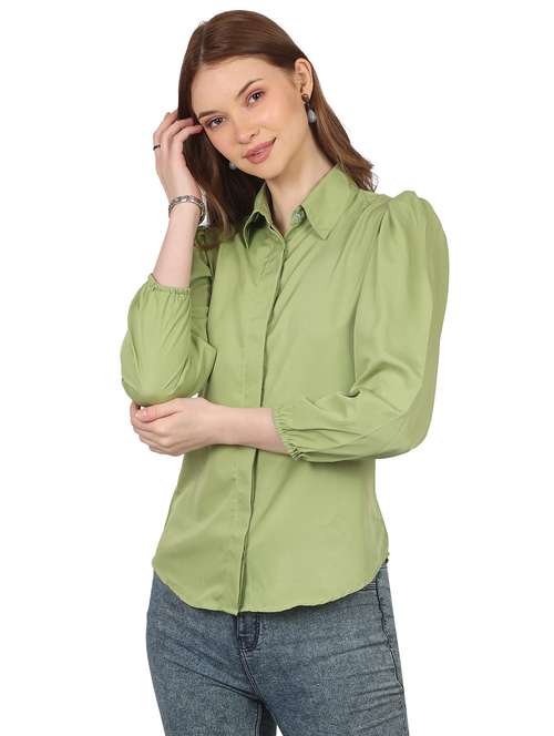 women solid collared puff sleeve shirt - 22061359 -  Standard Image - 0