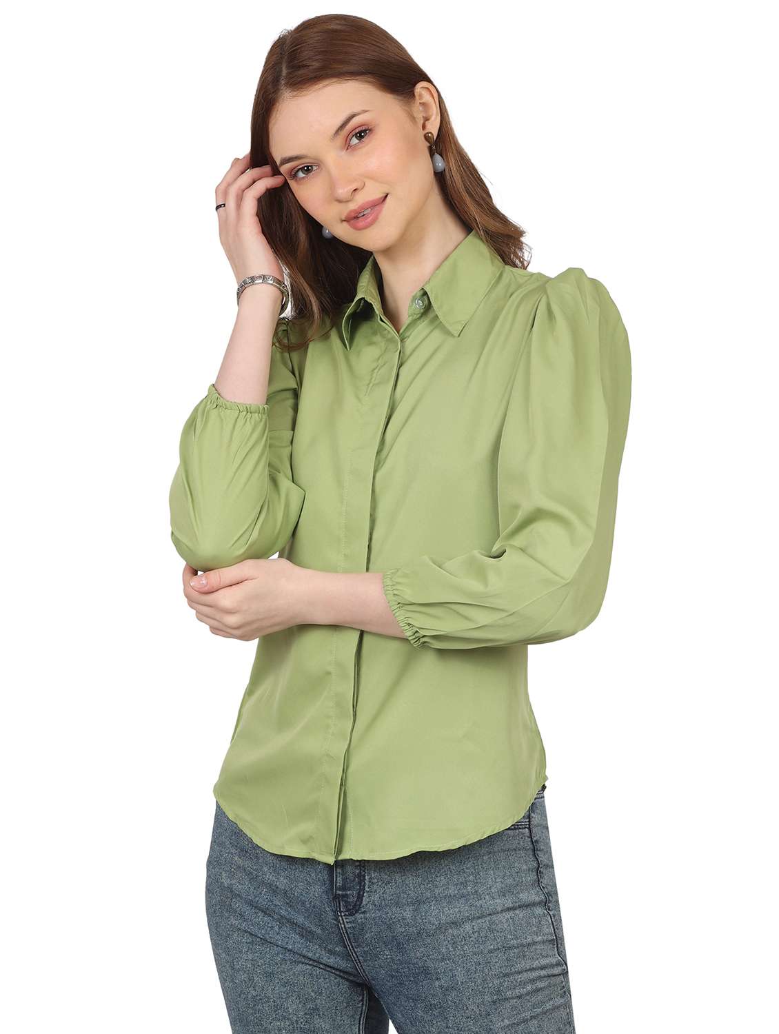 women solid collared puff sleeve shirt - 22061359 -  Zoom Image - 0