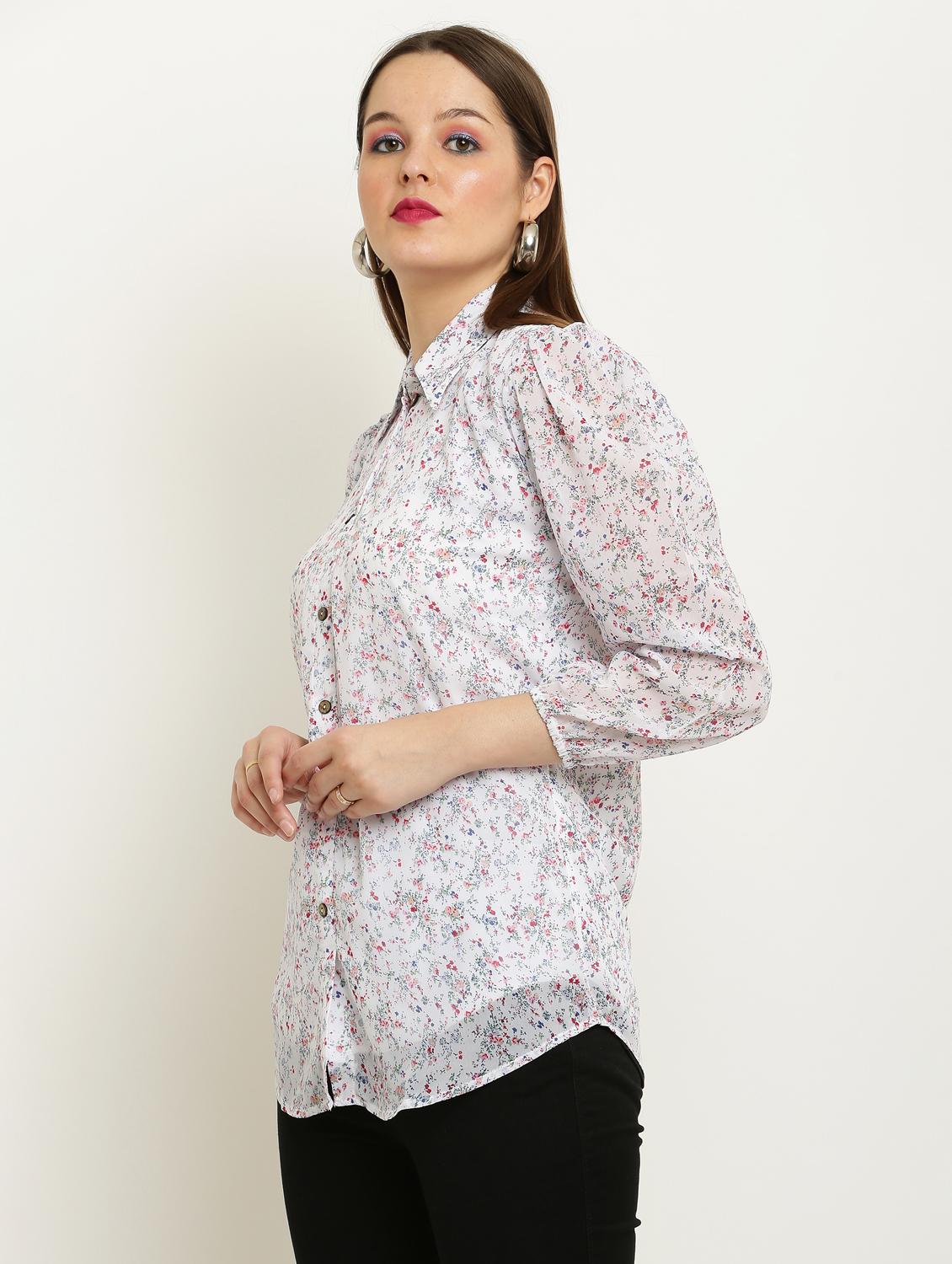 women printed collared puff sleeve shirt - 22061360 - Standard Image - 1