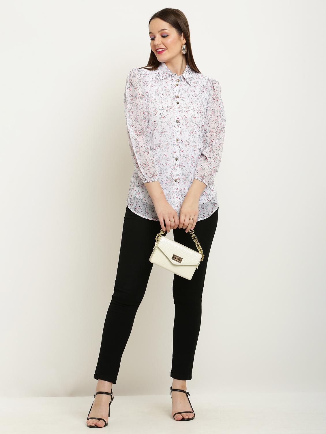 women printed collared puff sleeve shirt - 22061360 - Standard Image - 4