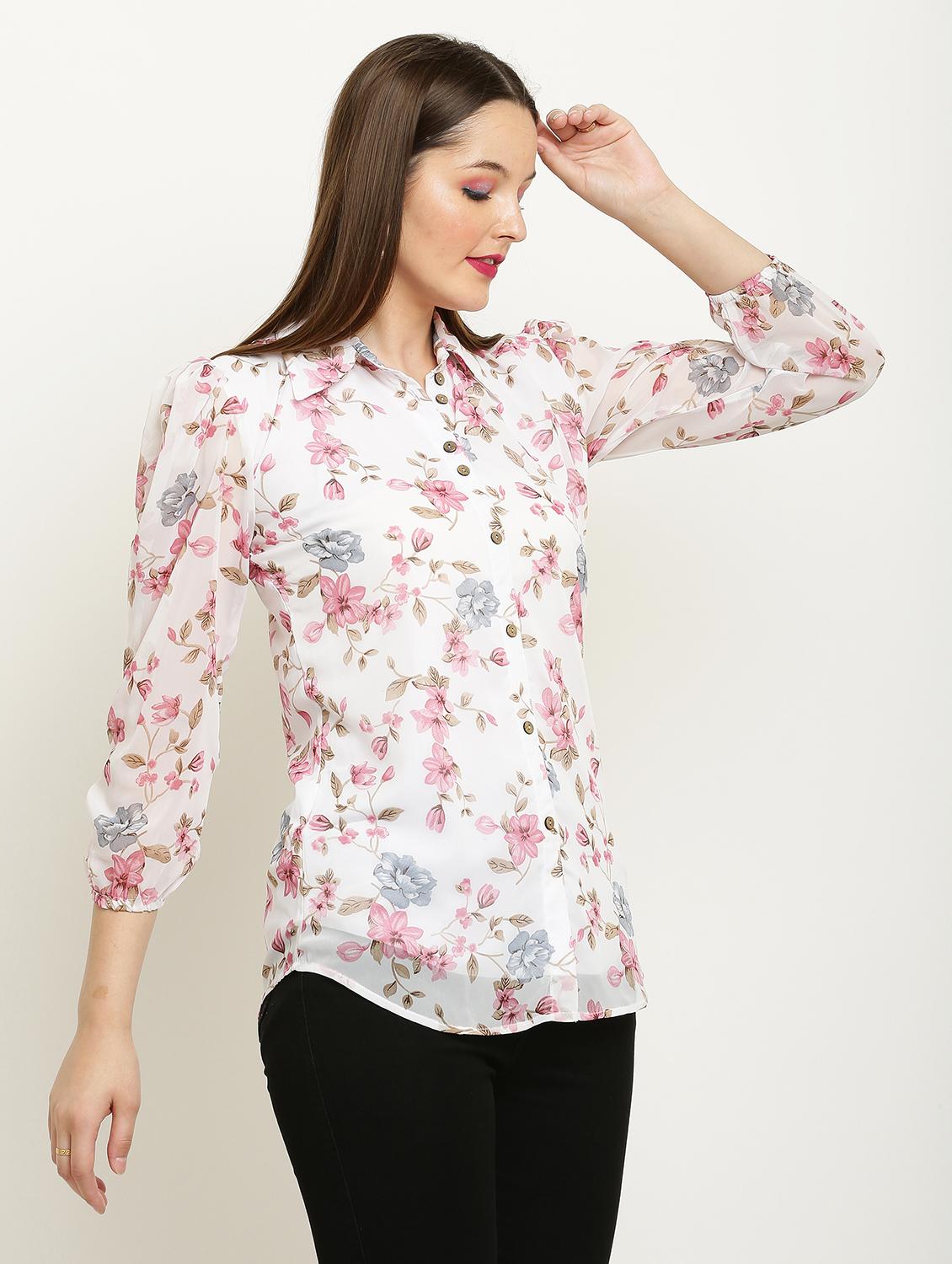 women printed collared puff sleeve shirt - 22061361 - Standard Image - 1