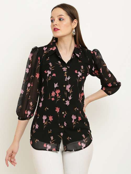 women printed collared puff sleeve shirt - 22061362 -  Standard Image - 0