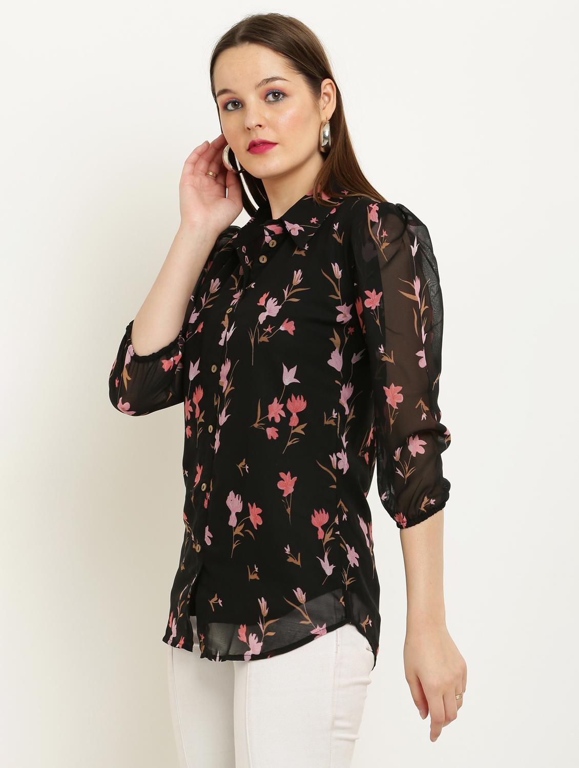 women printed collared puff sleeve shirt - 22061362 - Standard Image - 1