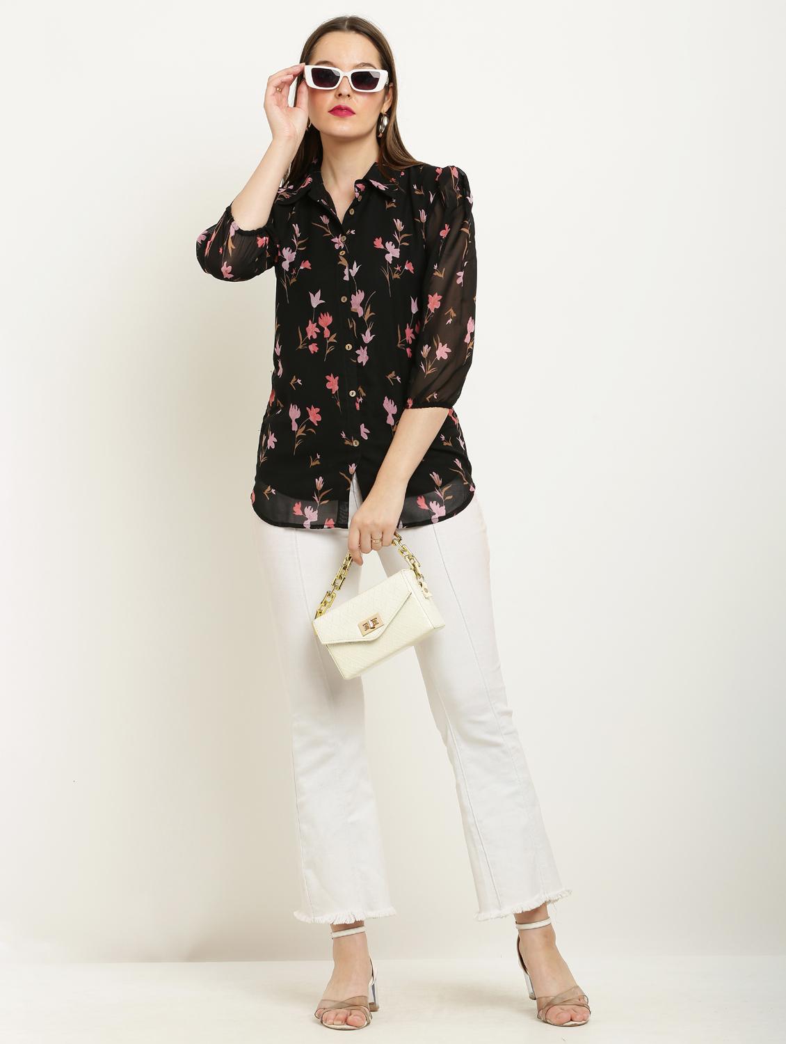 women printed collared puff sleeve shirt - 22061362 - Standard Image - 4