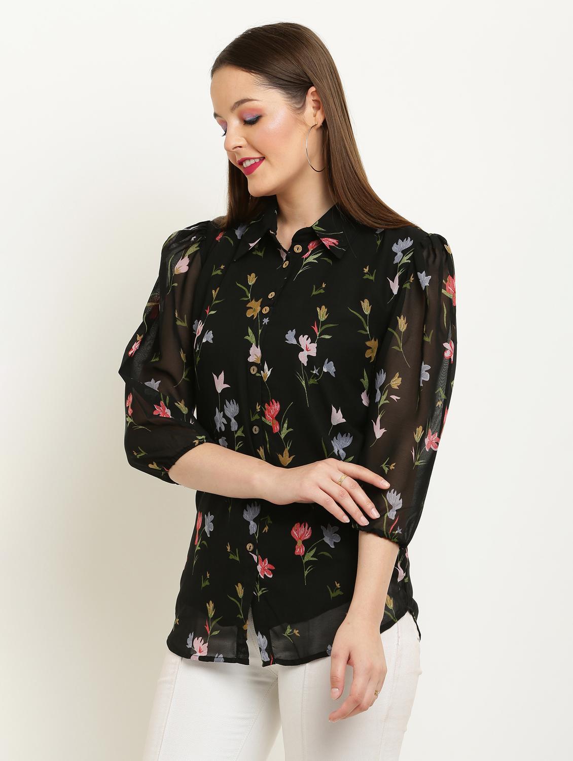 women printed collared puff sleeve shirt - 22061363 - Standard Image - 1