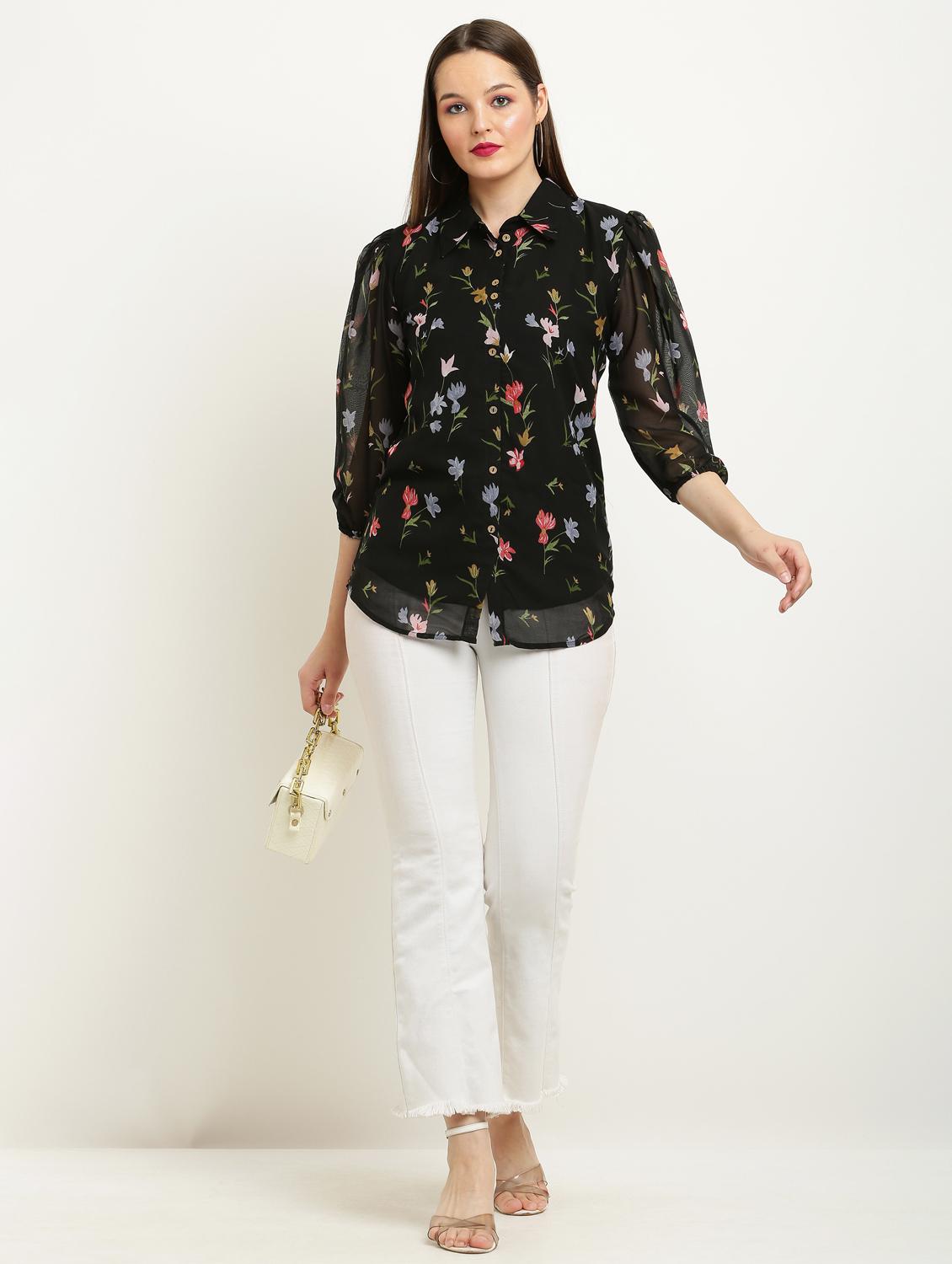 women printed collared puff sleeve shirt - 22061363 - Standard Image - 4