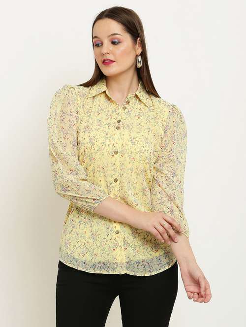 women printed collared puff sleeve shirt - 22061364 -  Standard Image - 0