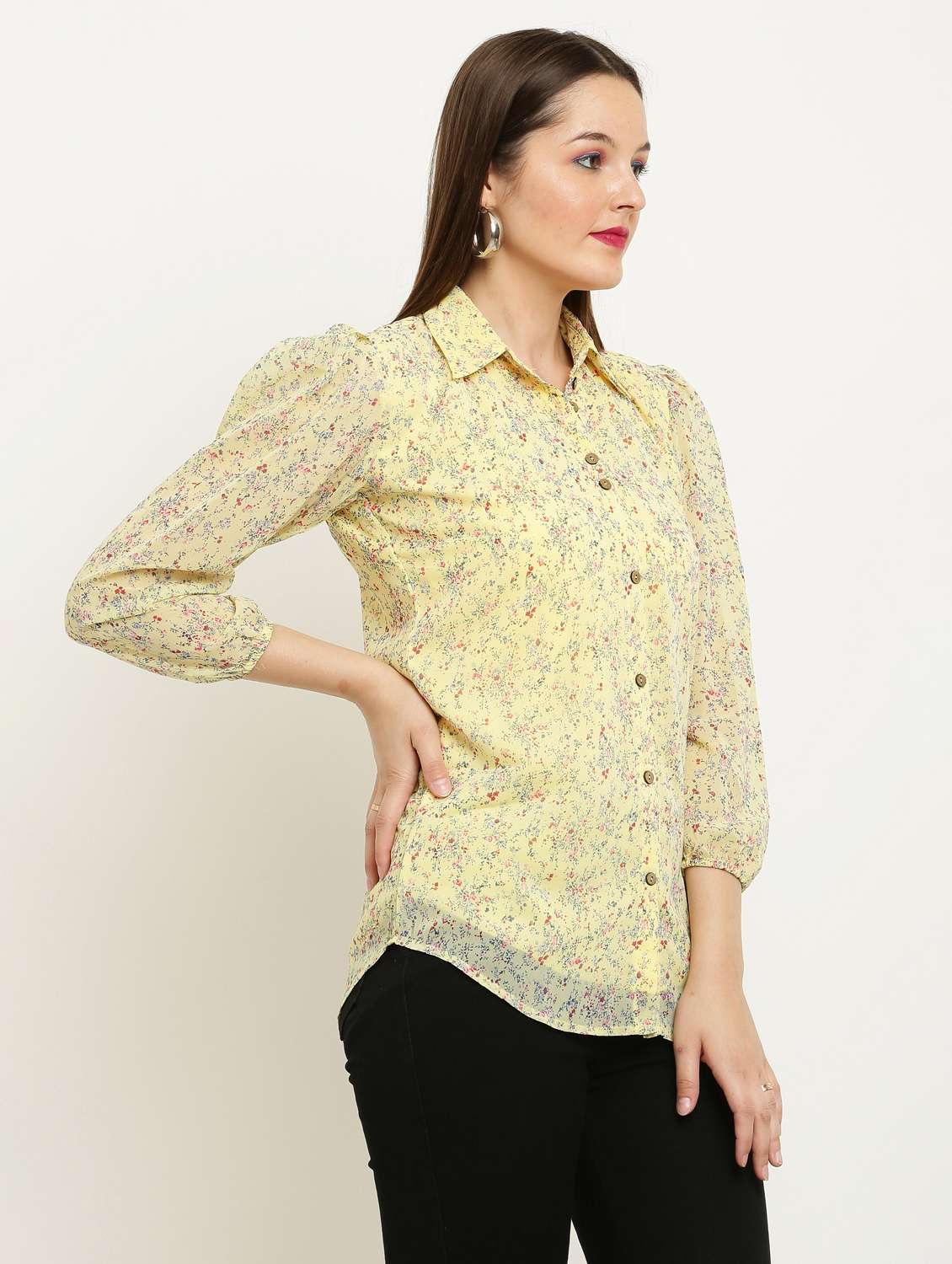 women printed collared puff sleeve shirt - 22061364 - Standard Image - 1
