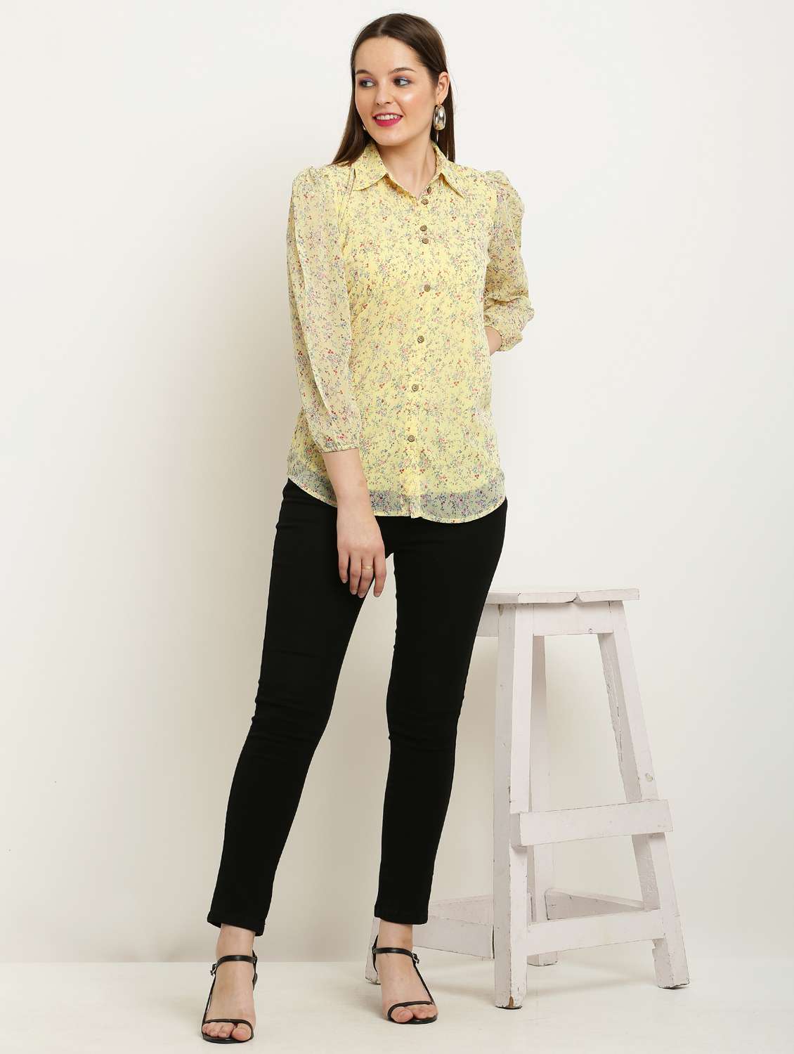 women printed collared puff sleeve shirt - 22061364 - Standard Image - 4