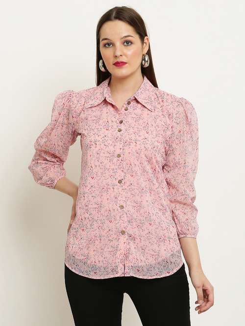 women printed collared puff sleeve shirt - 22061365 -  Standard Image - 0