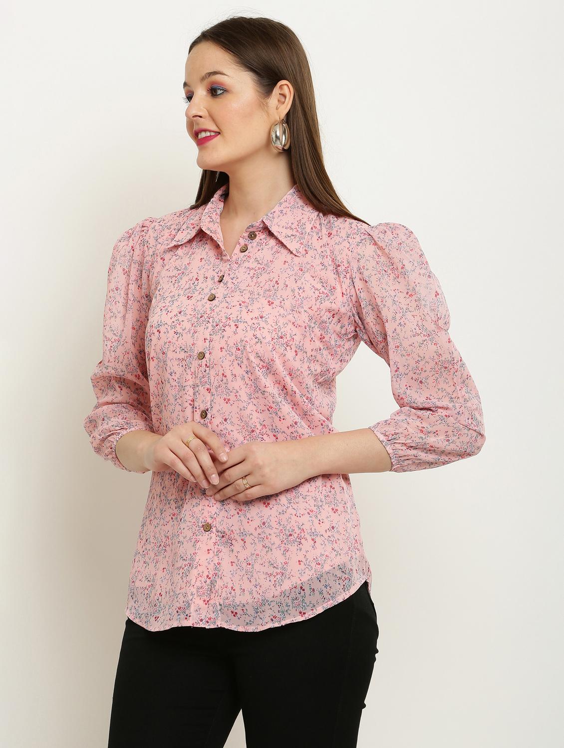 women printed collared puff sleeve shirt - 22061365 - Standard Image - 1