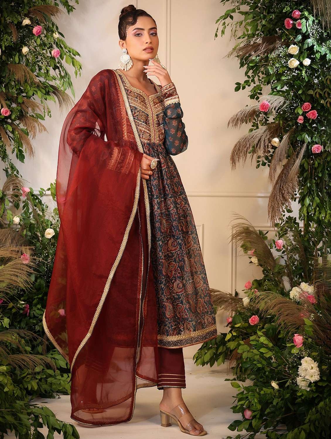 women printed long sleeve kurta pant with dupatta set - 22061449 - Standard Image - 1