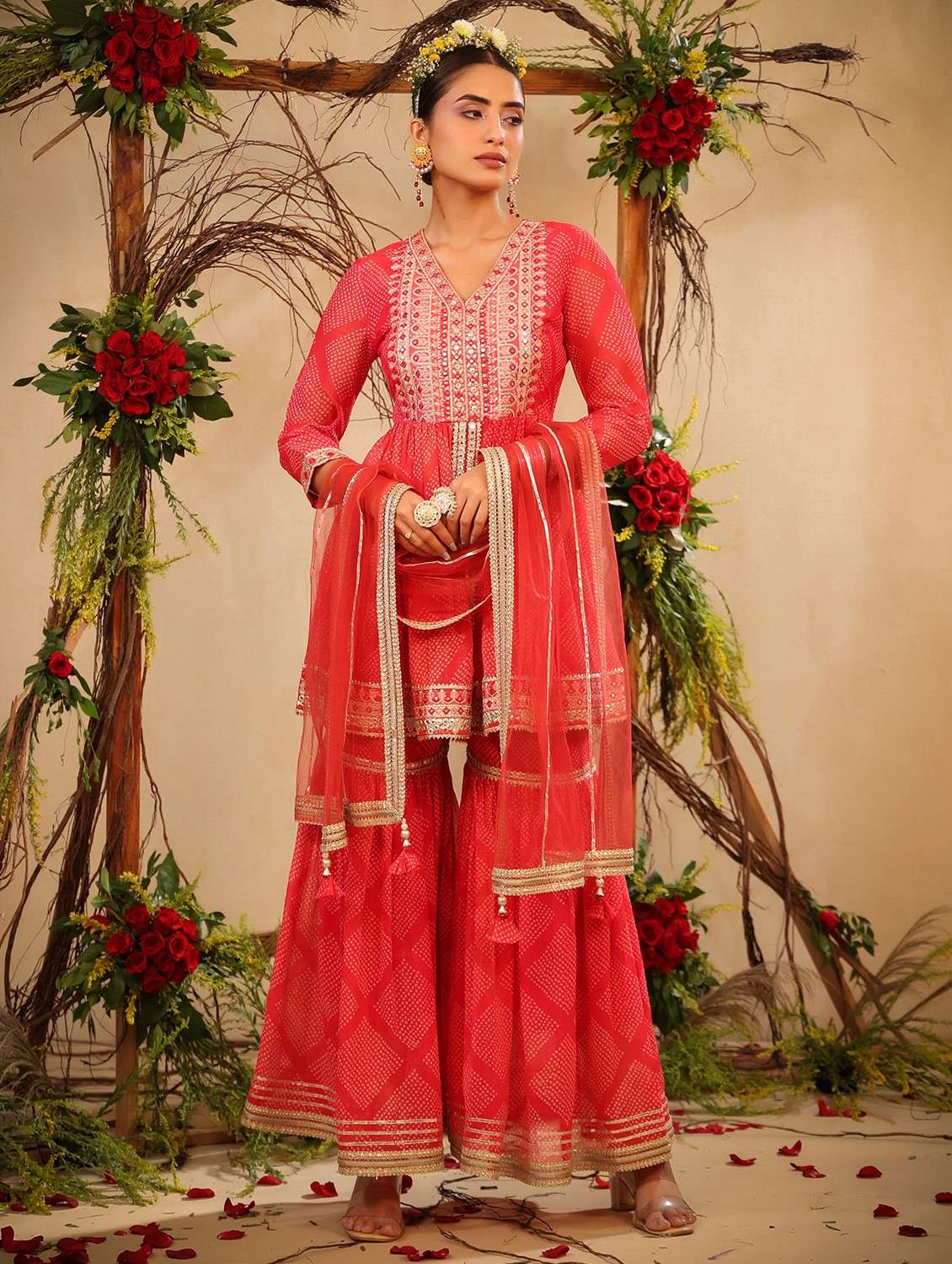 women three quarter sleeve kurta sharara with dupatta set