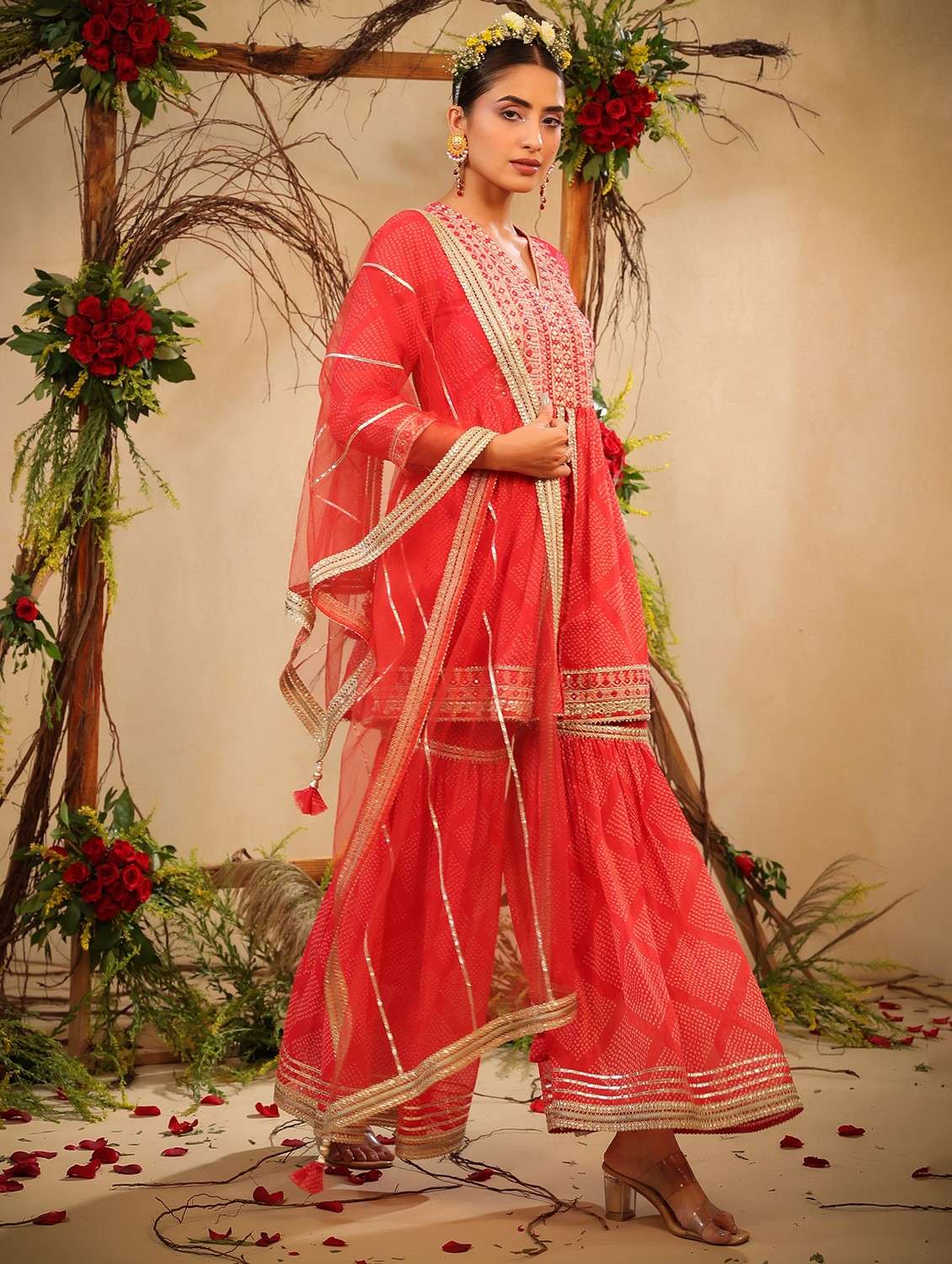 women three quarter sleeve kurta sharara with dupatta set - 22061450 -  Standard Image - 1